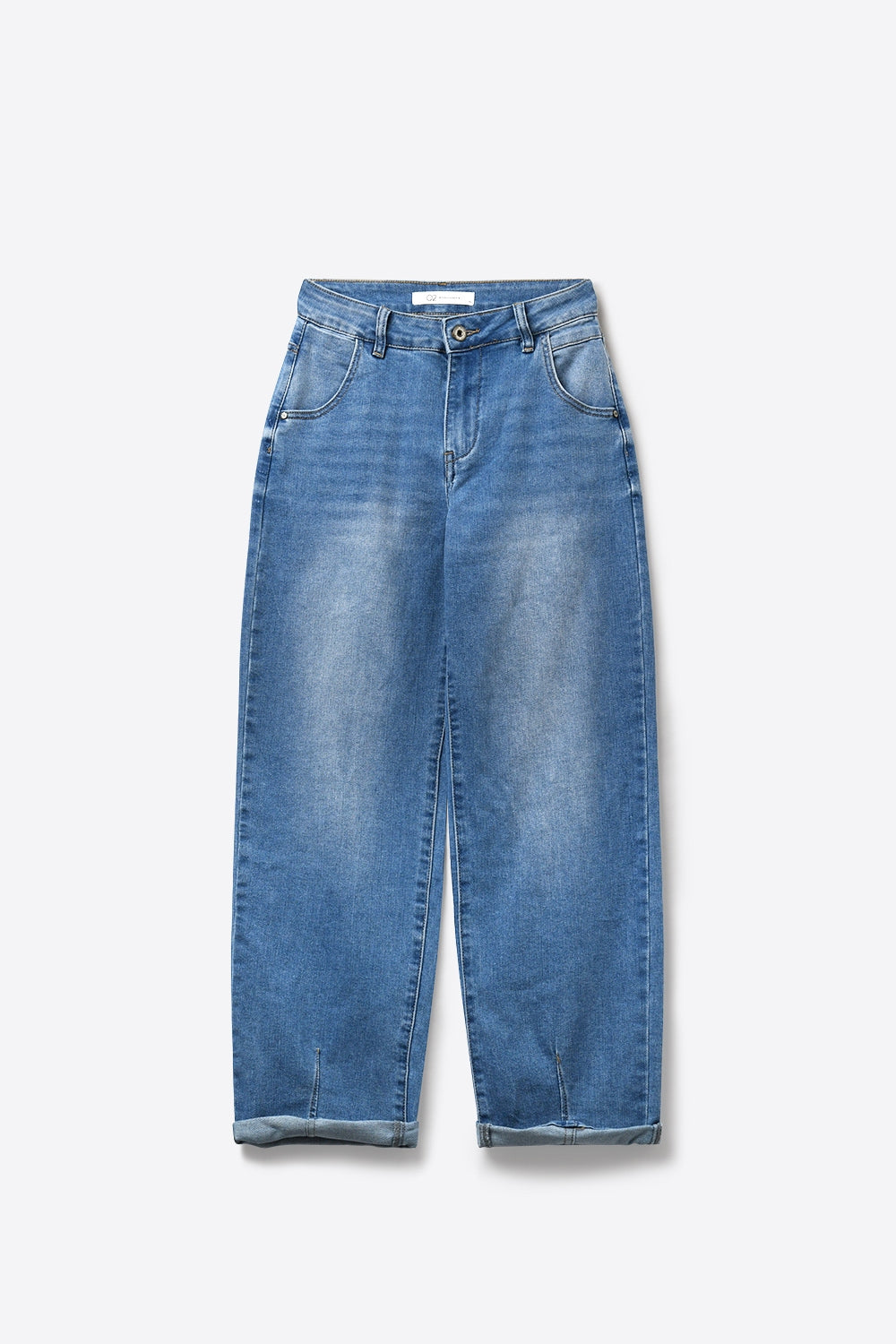 Mid-Wash Curved-Leg Jeans with Folded Hem Seam