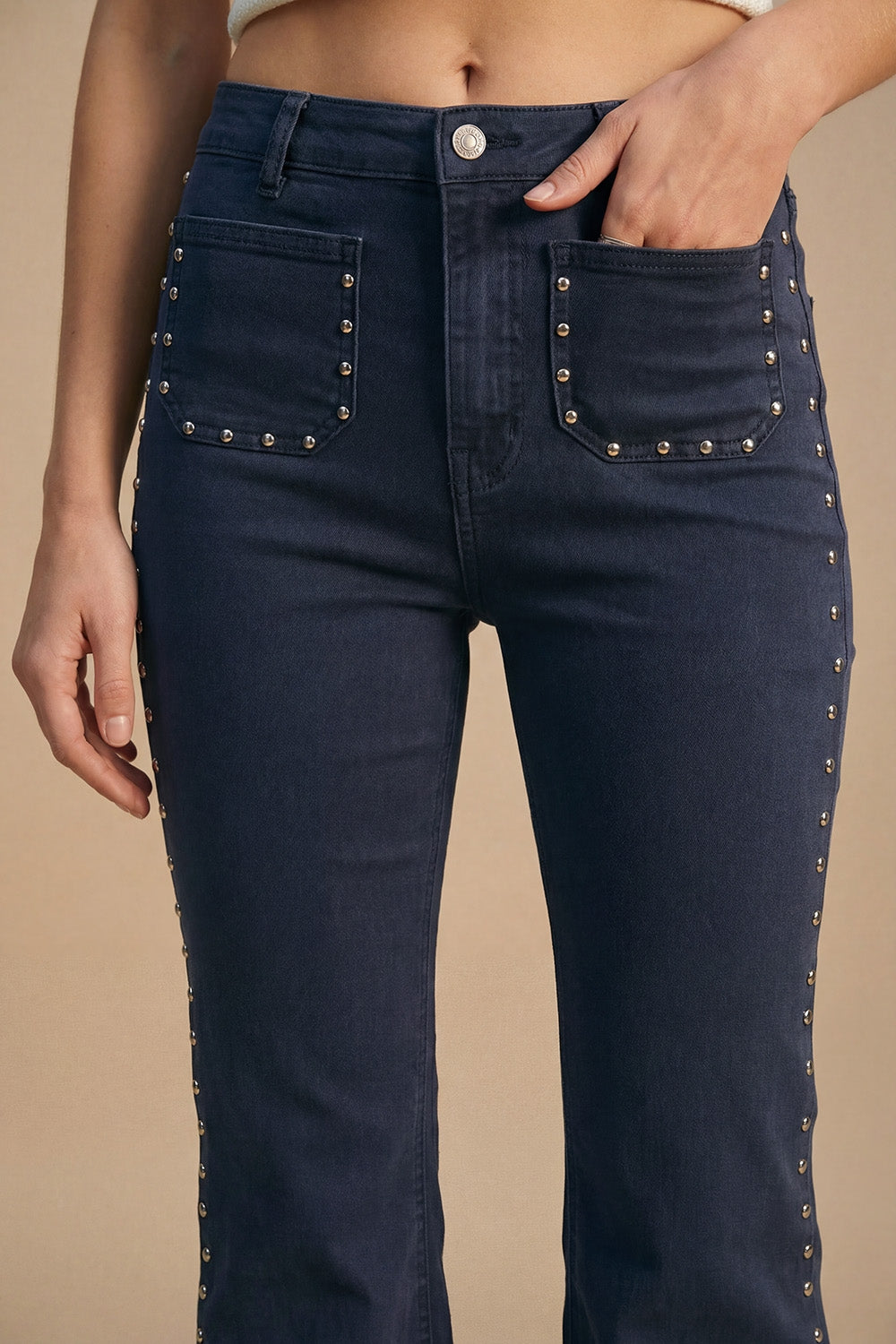 Navy High-Rise Flared Jeans with Stud Detail