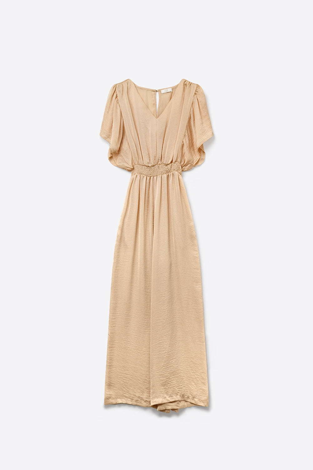 Beige Satin V-Neck Waist-Defined jumpsuit