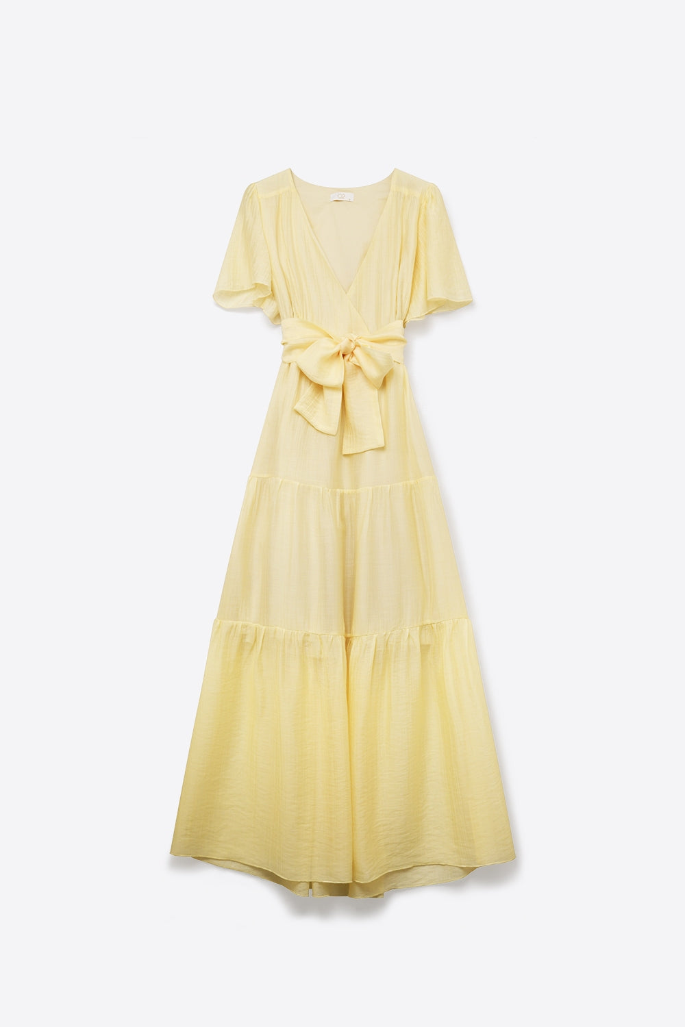 Yellow Maxi Dress with Waist Tie and Flutter Sleeves