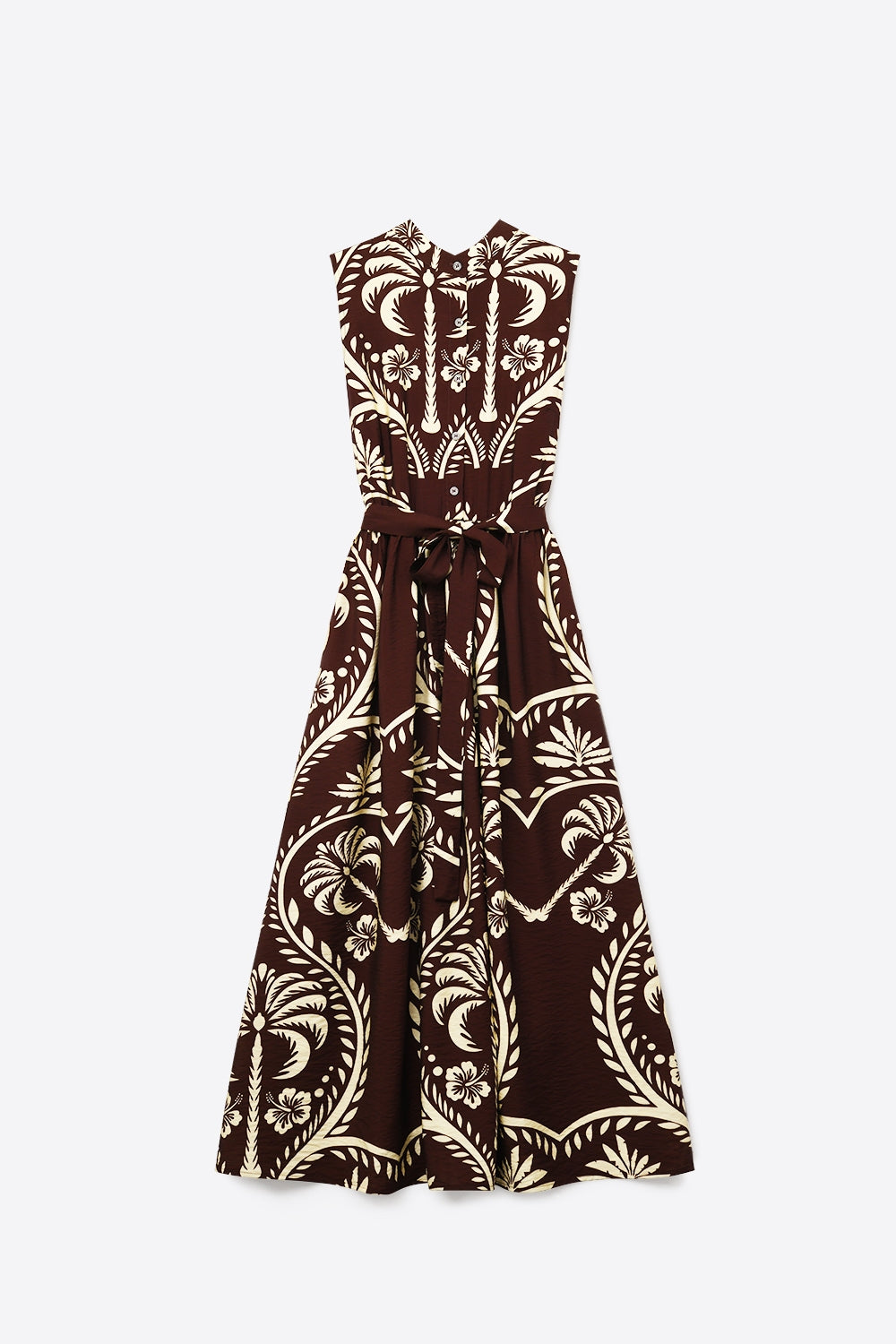 Brown Printed Maxi Dress with Belted Waist