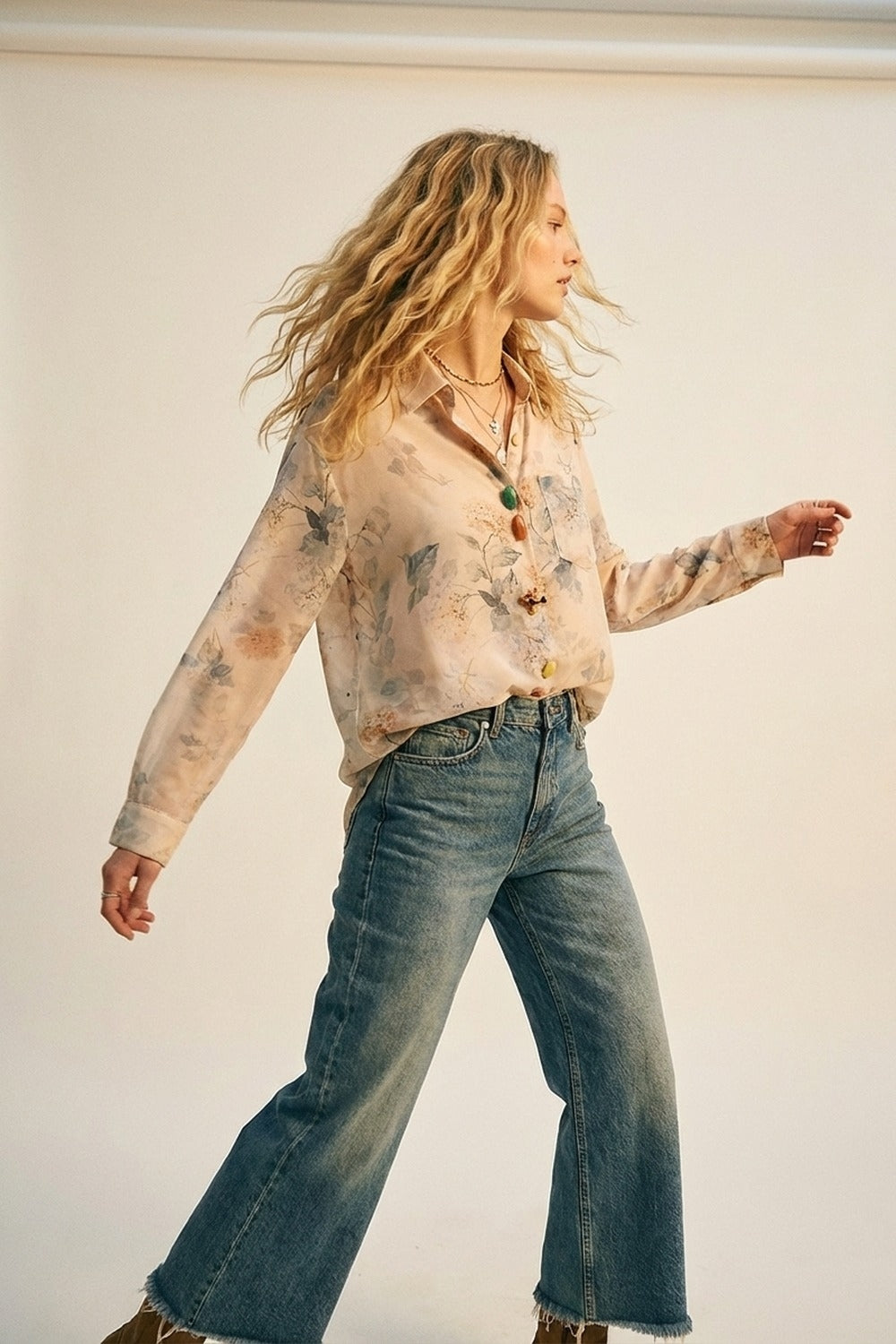 Beige Floral Print Button-Up Sheer Blouse