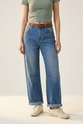 Mid-Wash Straight-Leg Denim Jeans with Rolled Cuffs