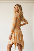 Mesh Fabric Plaid Long Sleeve Asymmetrical Dress in Orange