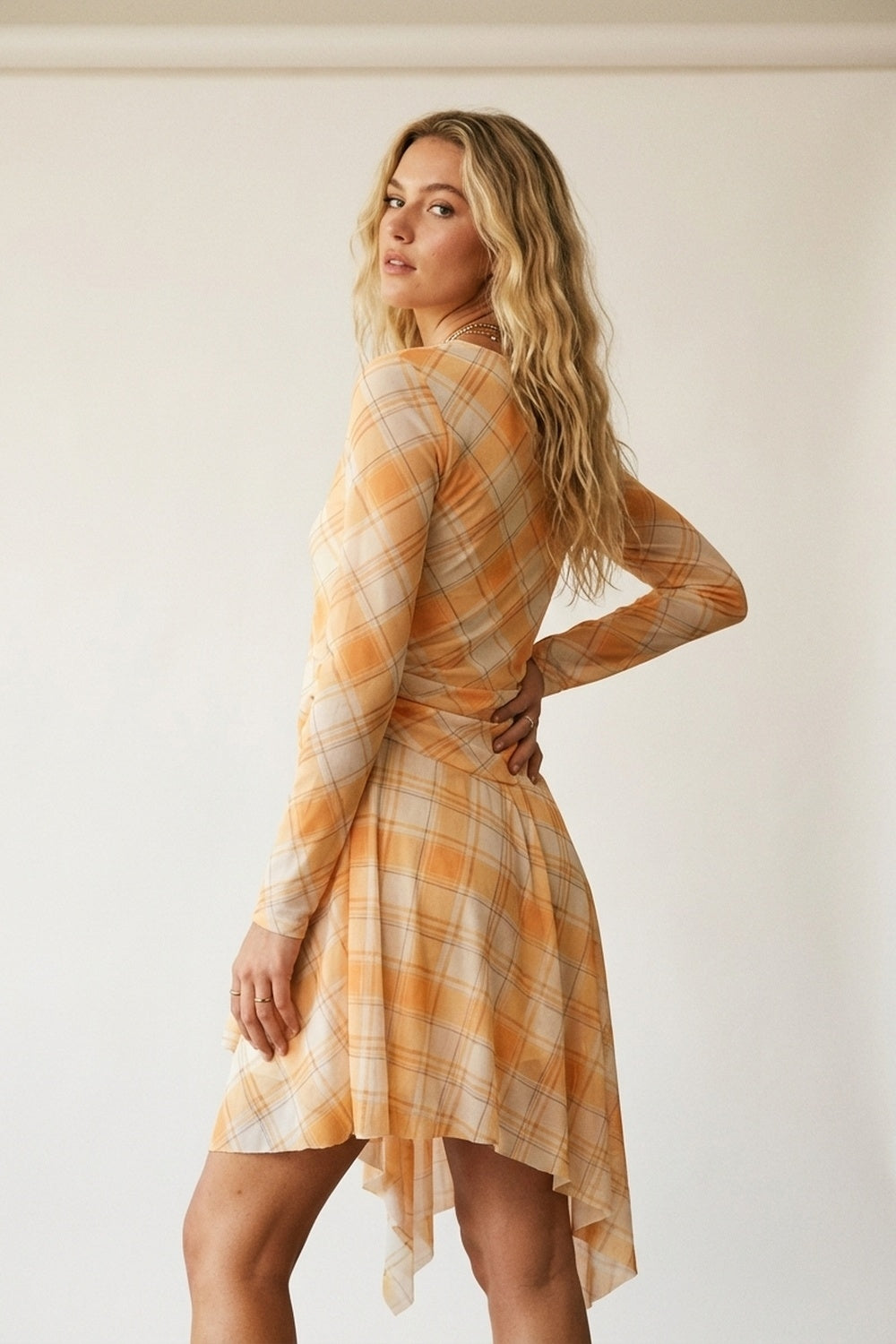 Mesh Fabric Plaid Long Sleeve Asymmetrical Dress in Orange