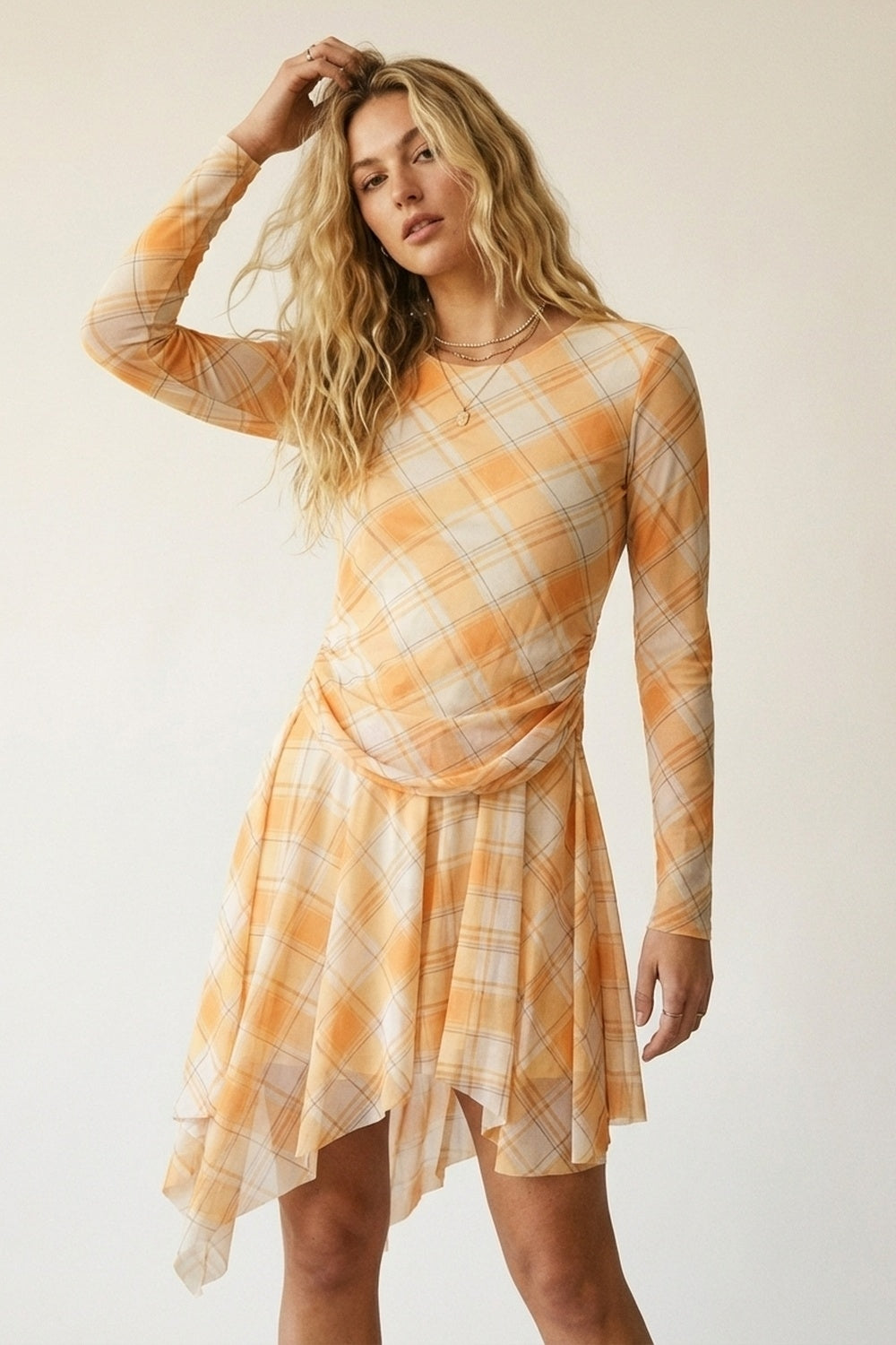 Mesh Fabric Plaid Long Sleeve Asymmetrical Dress in Orange
