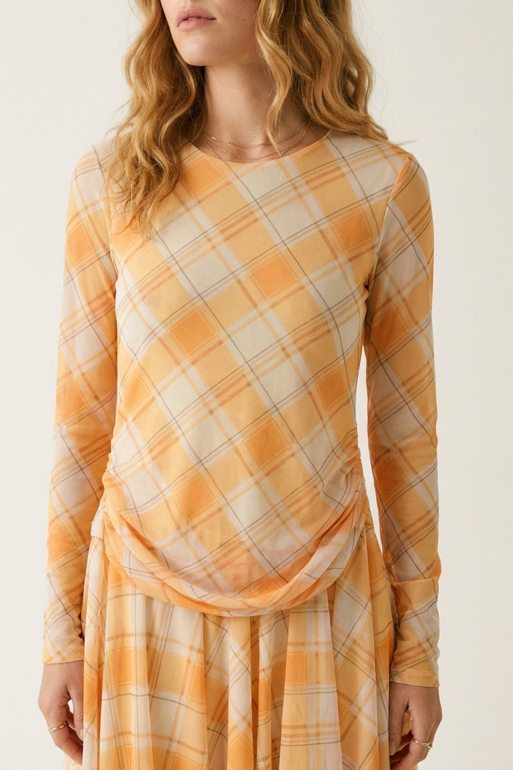 Mesh Fabric Plaid Long Sleeve Asymmetrical Dress in Orange