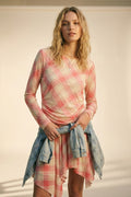Mesh Fabric Plaid Long Sleeve Asymmetrical Dress in pink