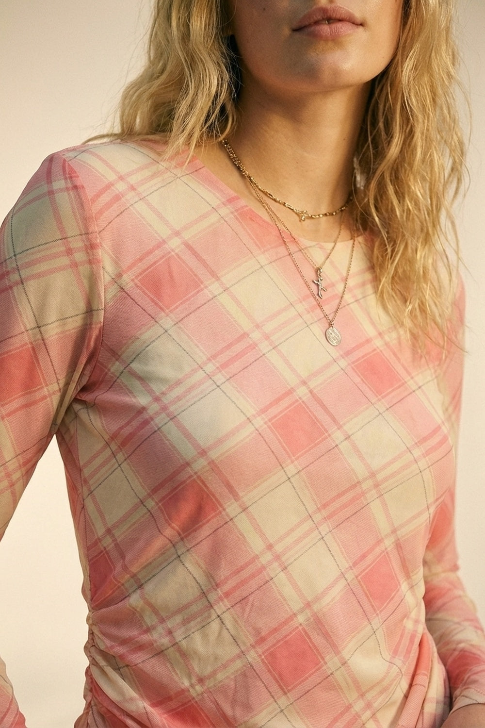 Mesh Fabric Plaid Long Sleeve Asymmetrical Dress in pink