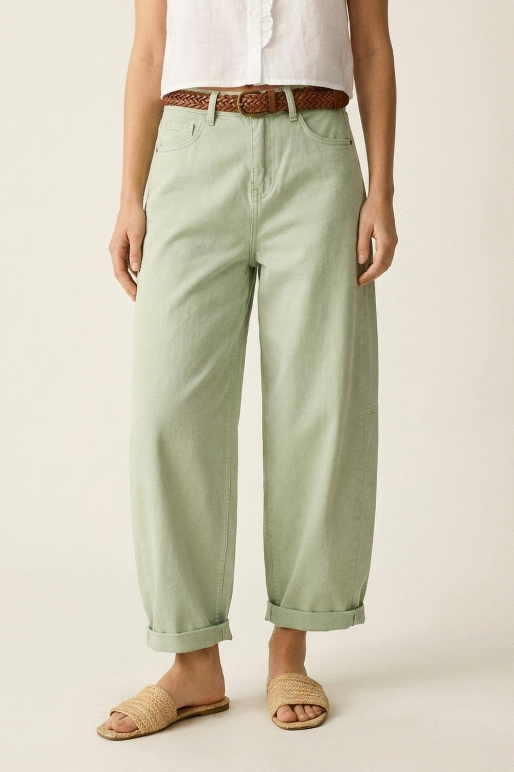 Light Green Wide-Leg Cotton Casual Pants  in Barrel Style