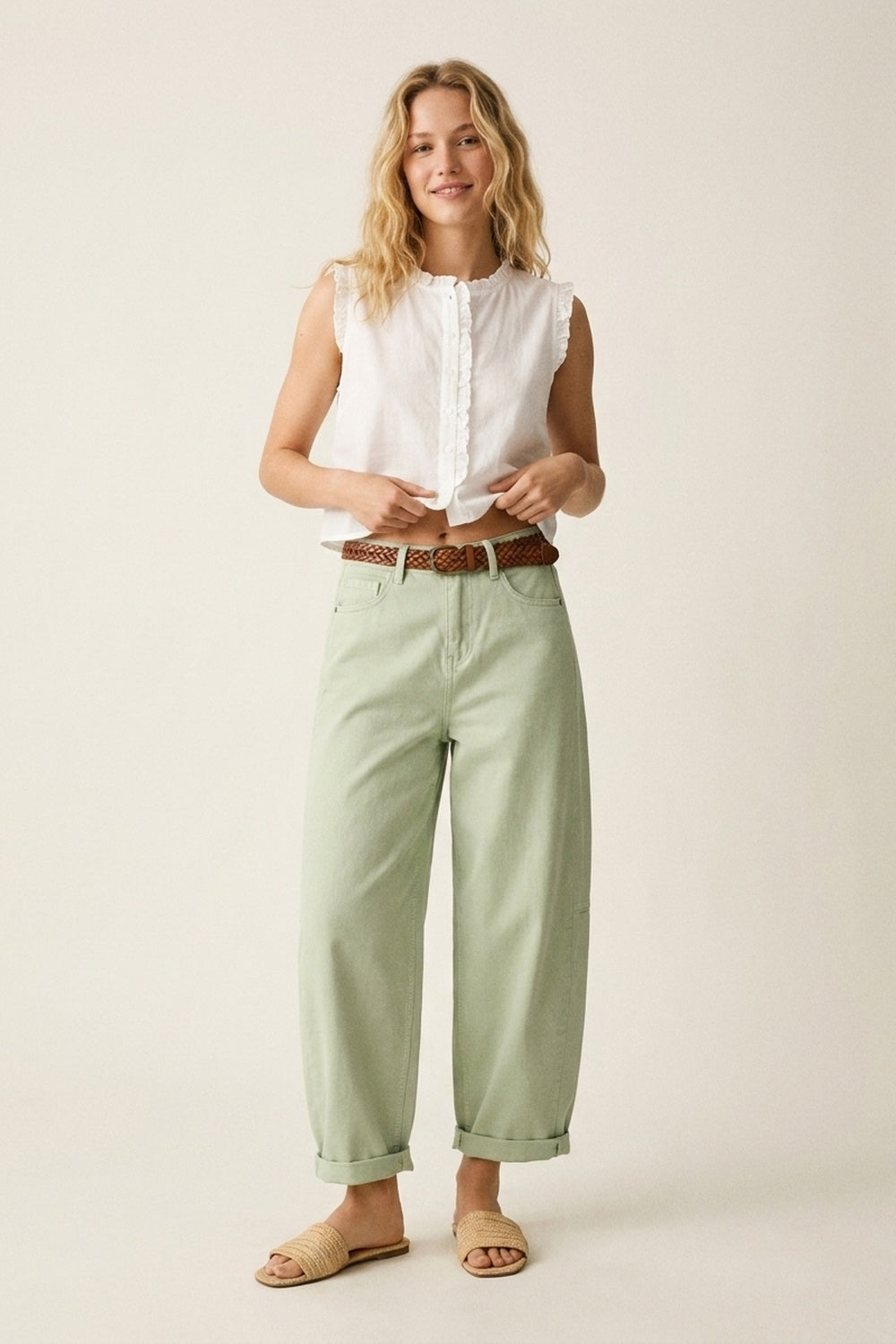 Light Green Wide-Leg Cotton Casual Pants  in Barrel Style
