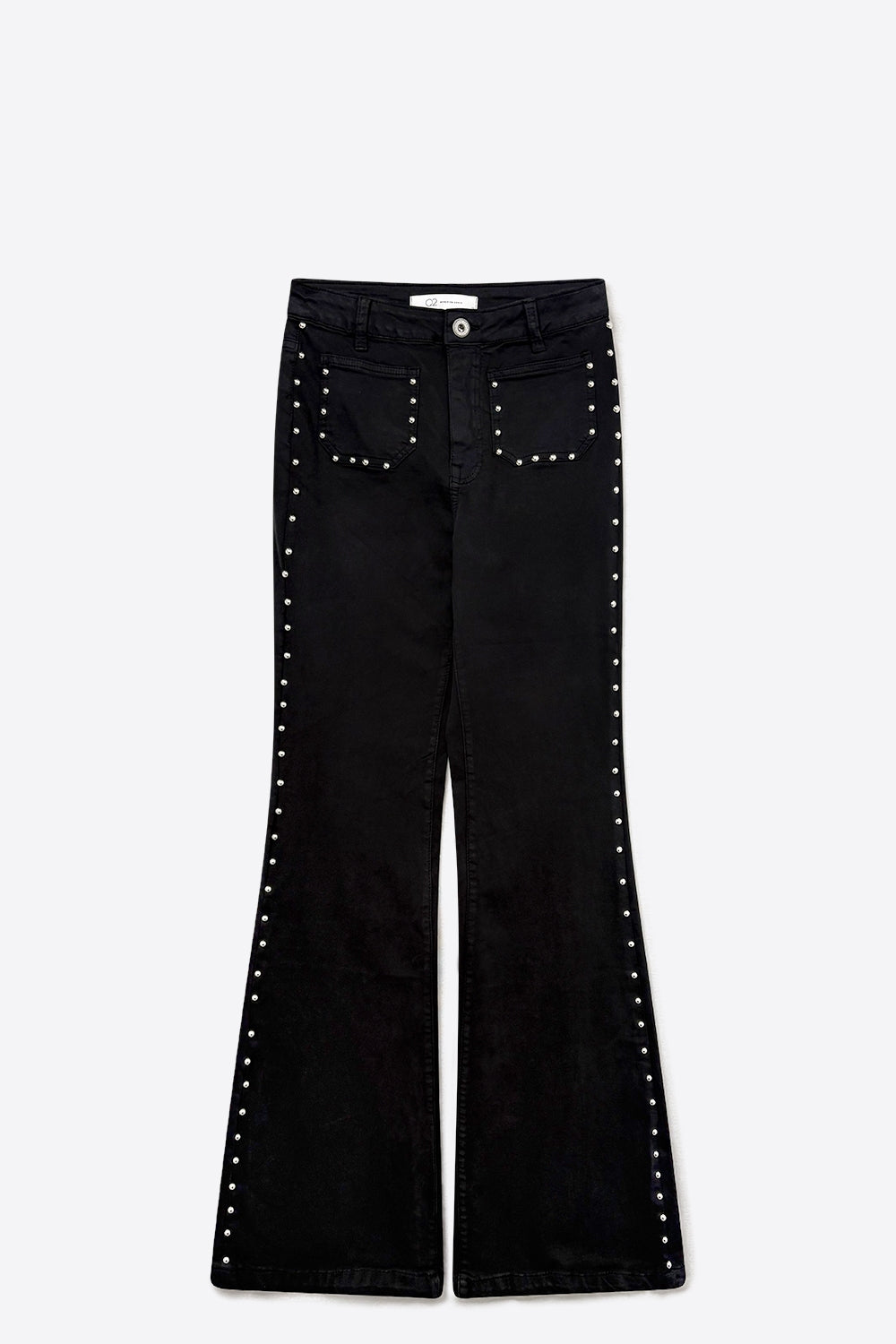 Black Studded Flare Jeans With Front Pocket Detail