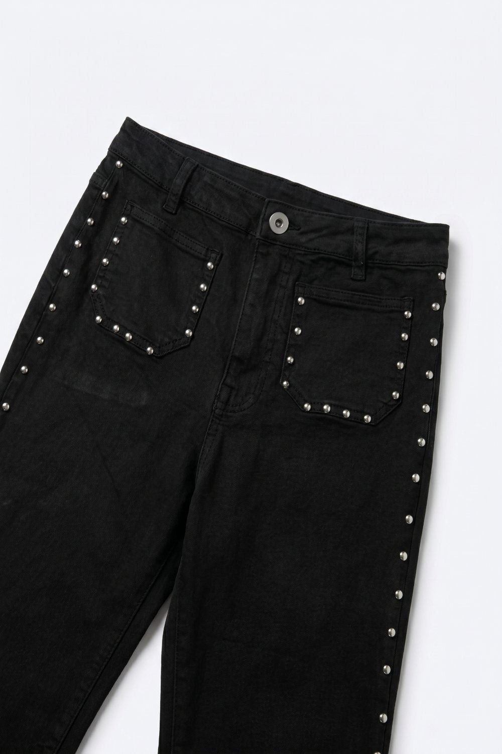 Black Studded Flare Jeans With Front Pocket Detail