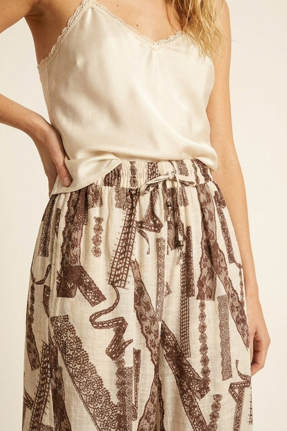 Cream and Brown Printed Wide-Leg Palazzo Pants with ankle lenght