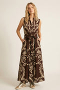 Brown Printed Maxi Dress with Belted Waist
