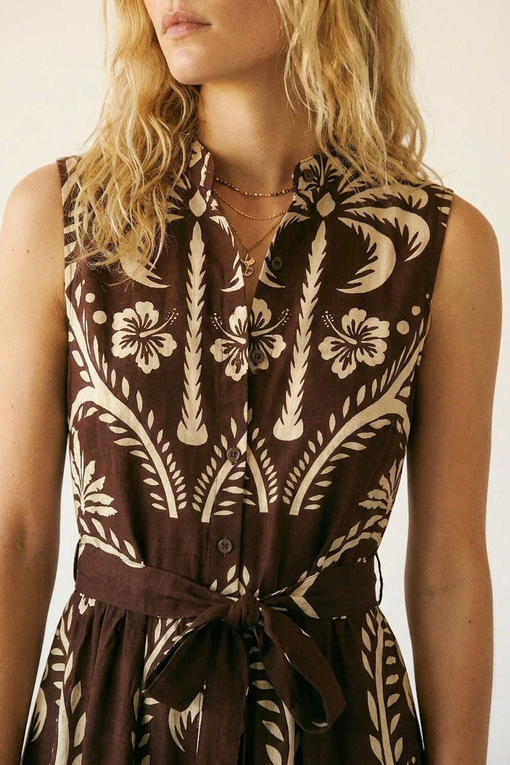Brown Printed Maxi Dress with Belted Waist