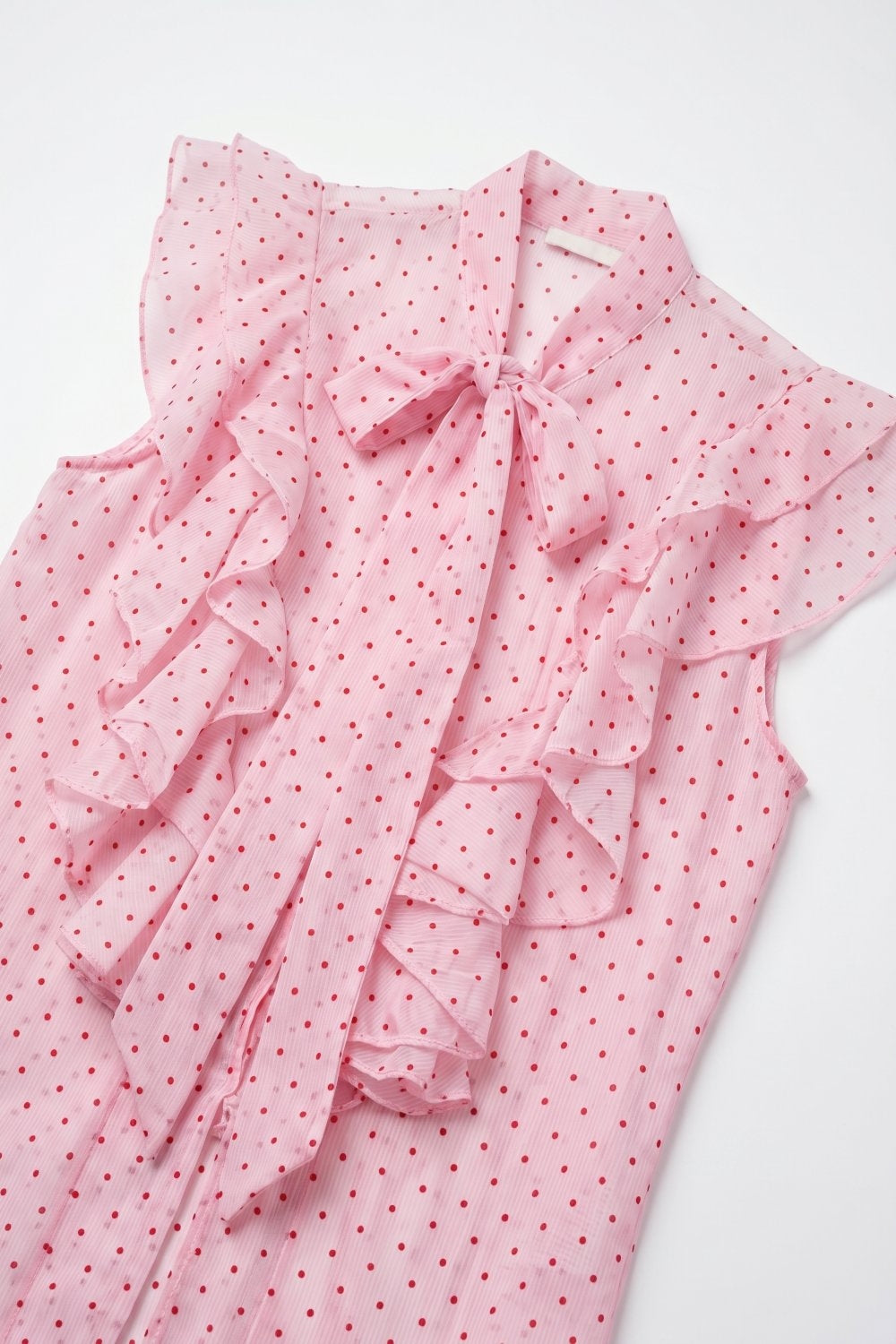 Light Pink Polka-Dot Chiffon Ruffle Bow Tie Sleeveless Blouse