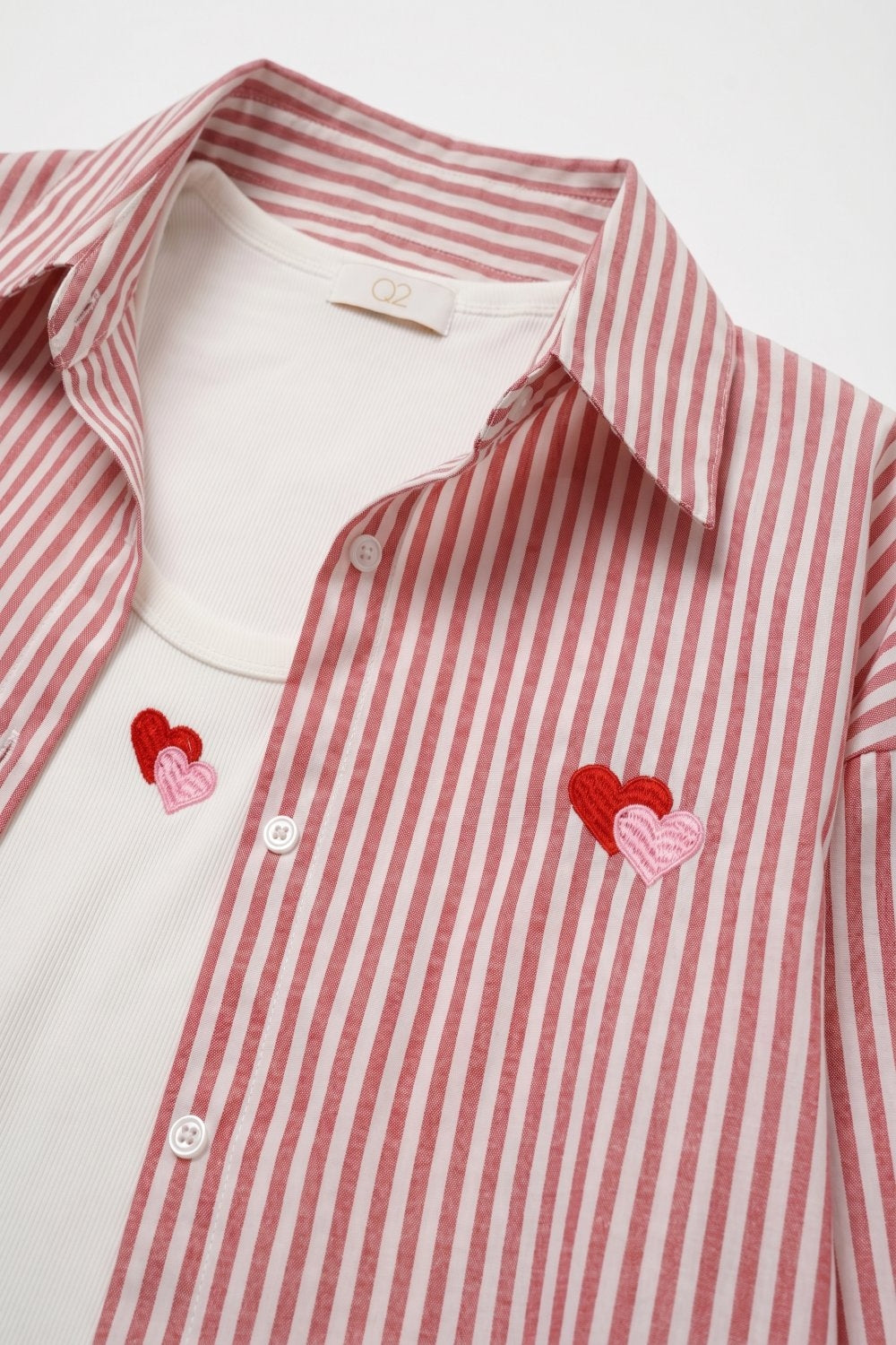Red Stripe Cotton Embroidered Heart Set t-shirt and shirt 2 pieces
