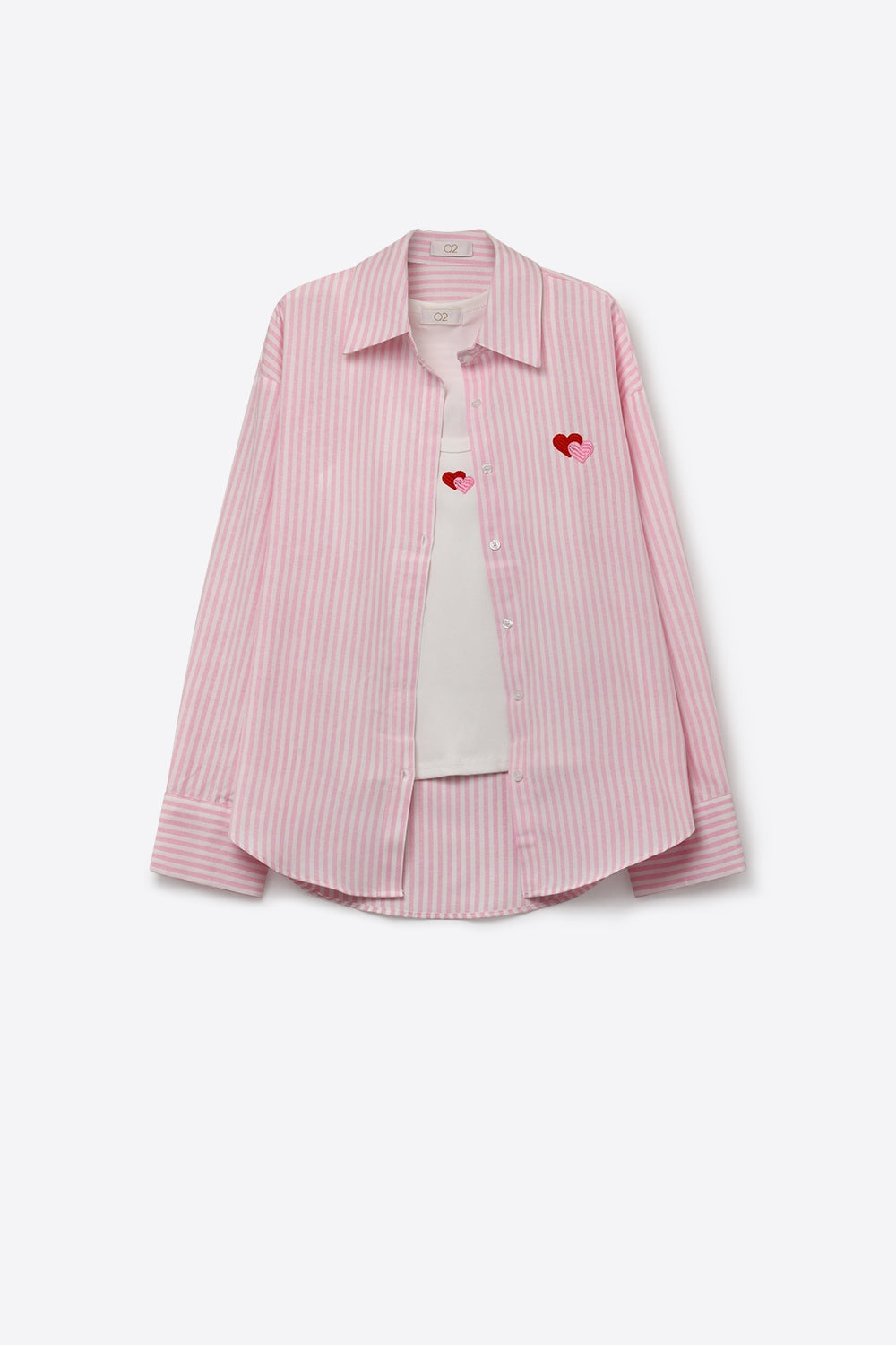 Pink Stripe Cotton Embroidered Heart Set t-shirt and shirt 2 pieces