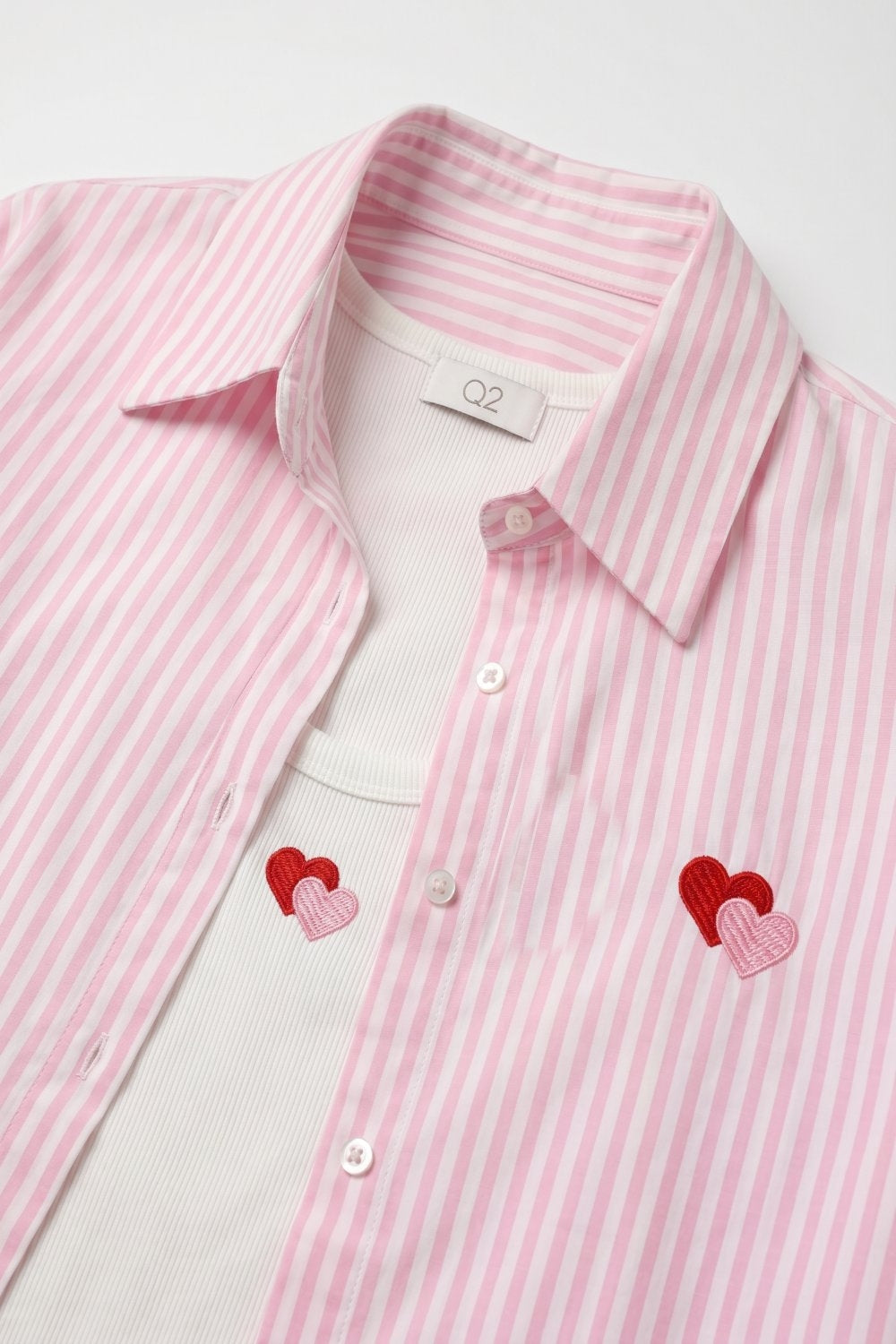 Pink Stripe Cotton Embroidered Heart Set t-shirt and shirt 2 pieces