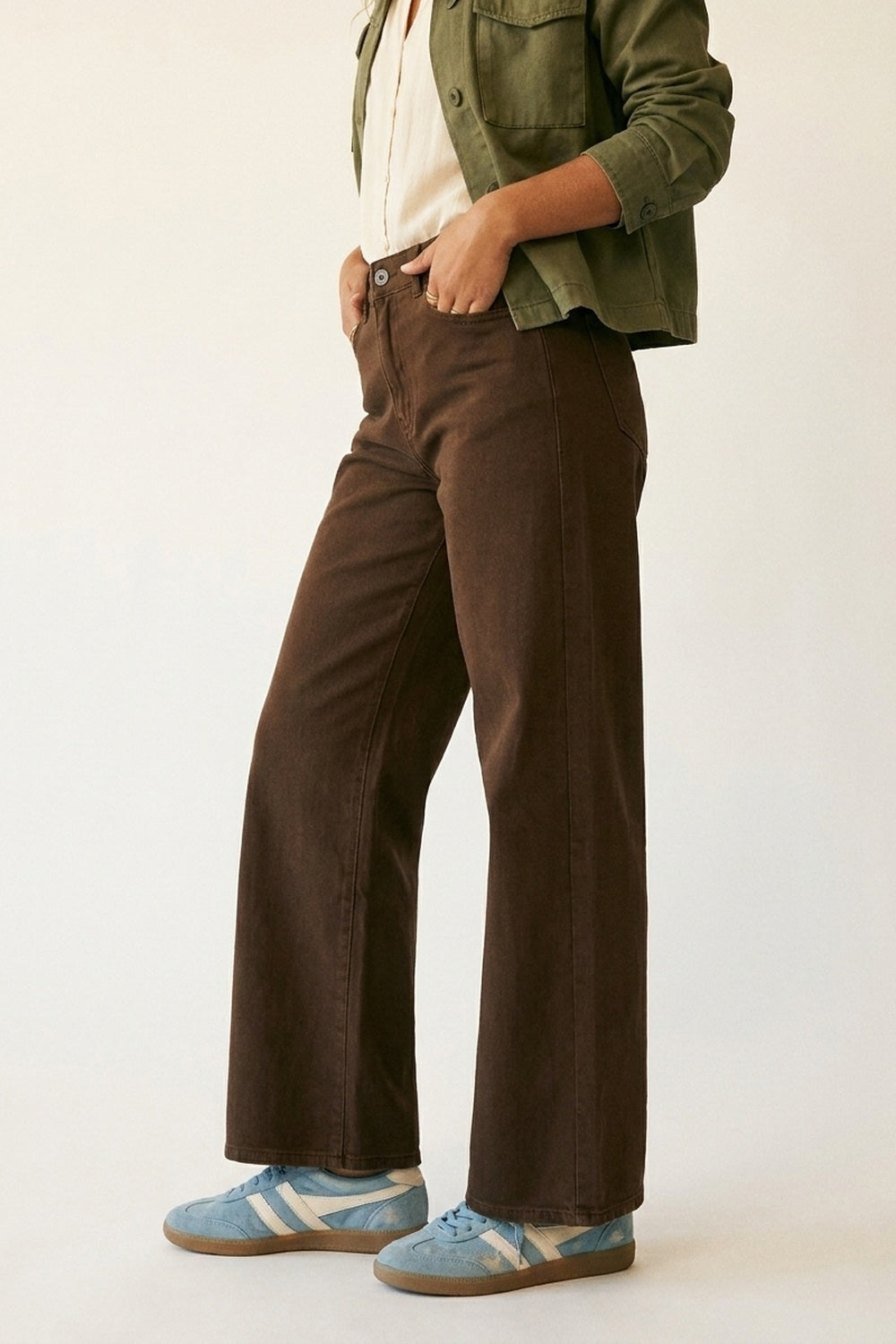 Brown Wide-Leg Pants with lightweight Twill