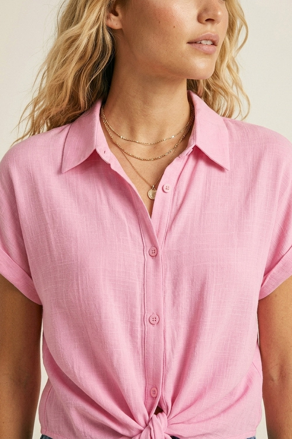 Pink Lightweight Woven Short Sleeve Shirt Top with Tie Front