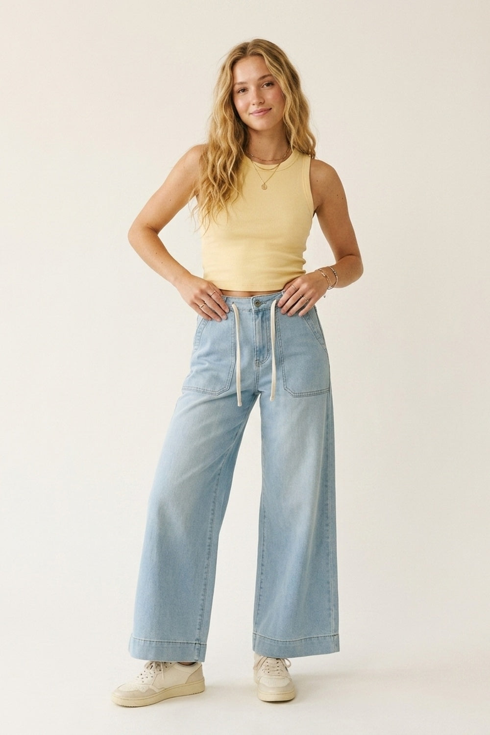 Light Blue Wide-Leg Denim Pants with Drawstring Waist