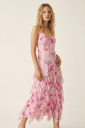 White and Pink Floral Maxi Prom Dress with Ruffles