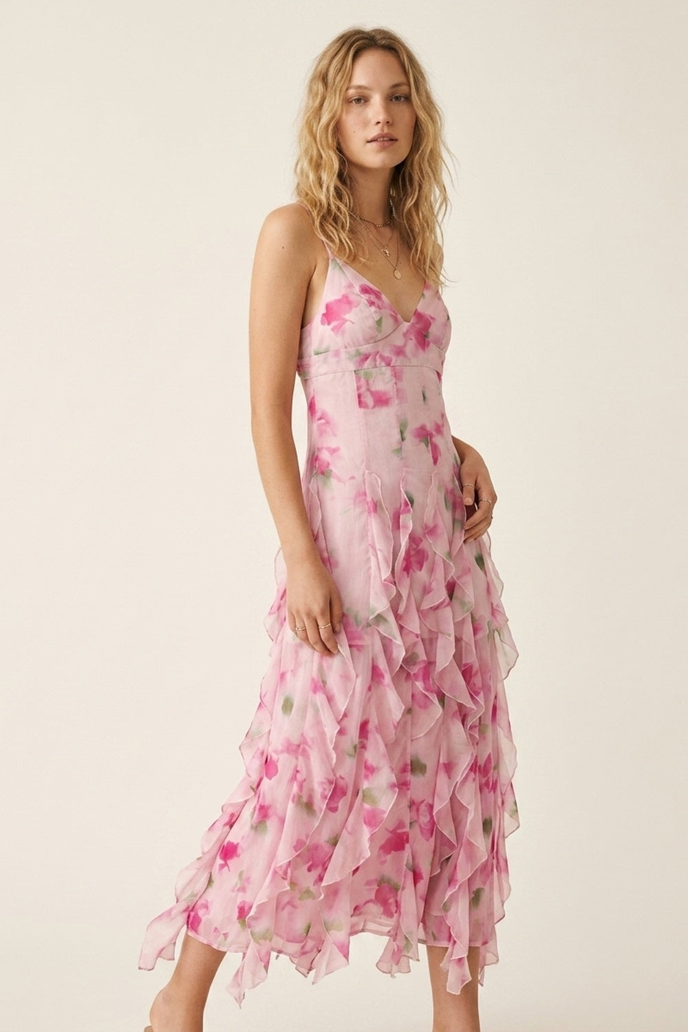 White and Pink Floral Maxi Prom Dress with Ruffles