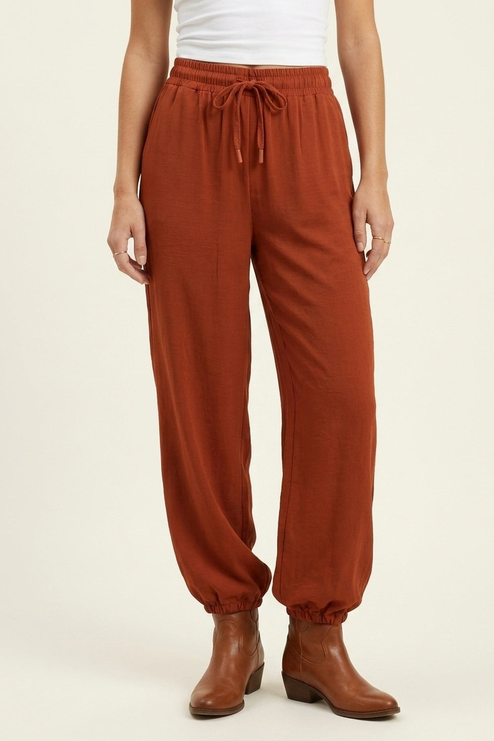 terracotta Wide-Leg Drawstring Waist Casual Pants