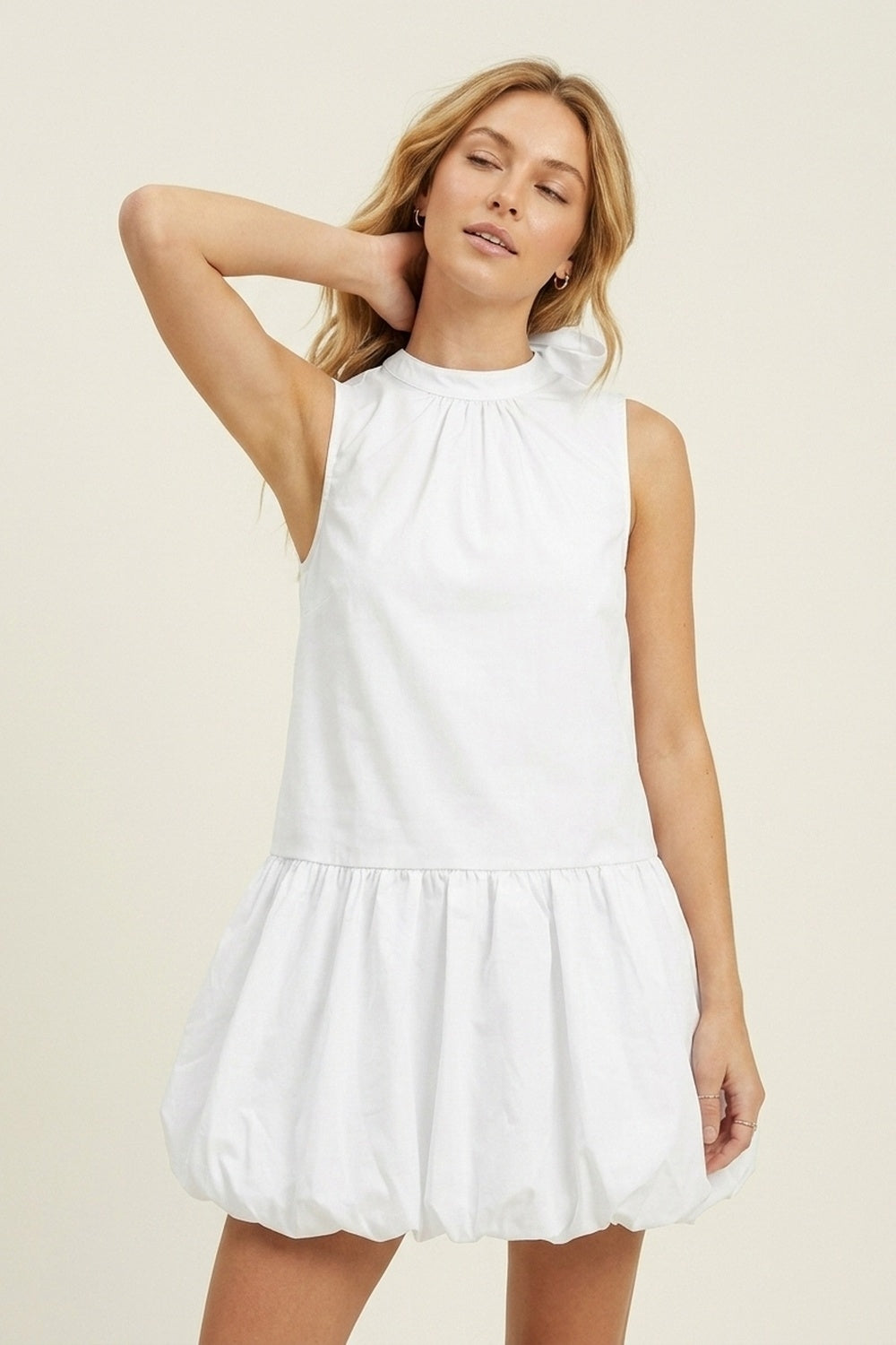 White poplin Sleeveless Dress with Balloon-style Hem