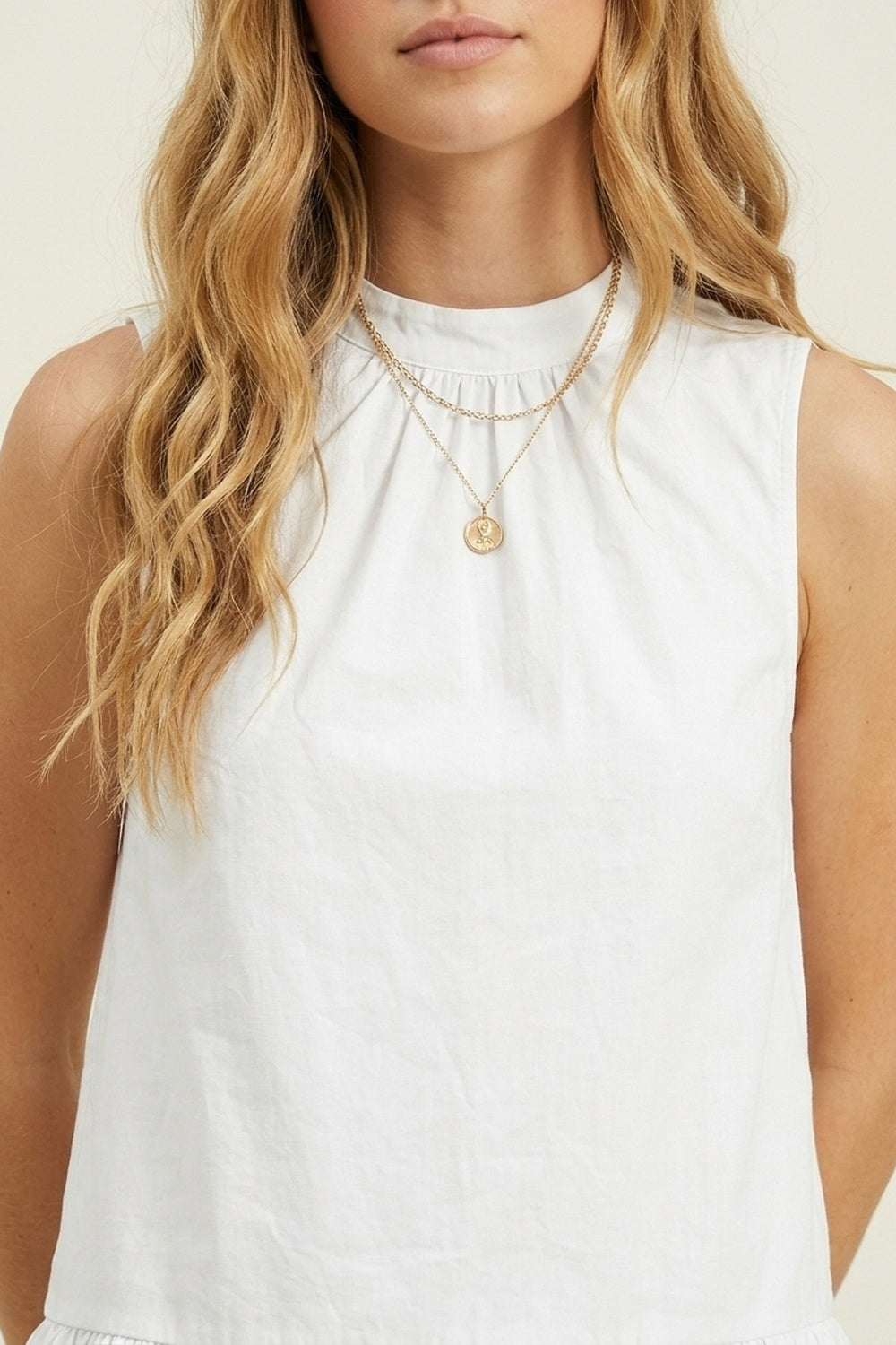 White poplin Sleeveless Dress with Balloon-style Hem