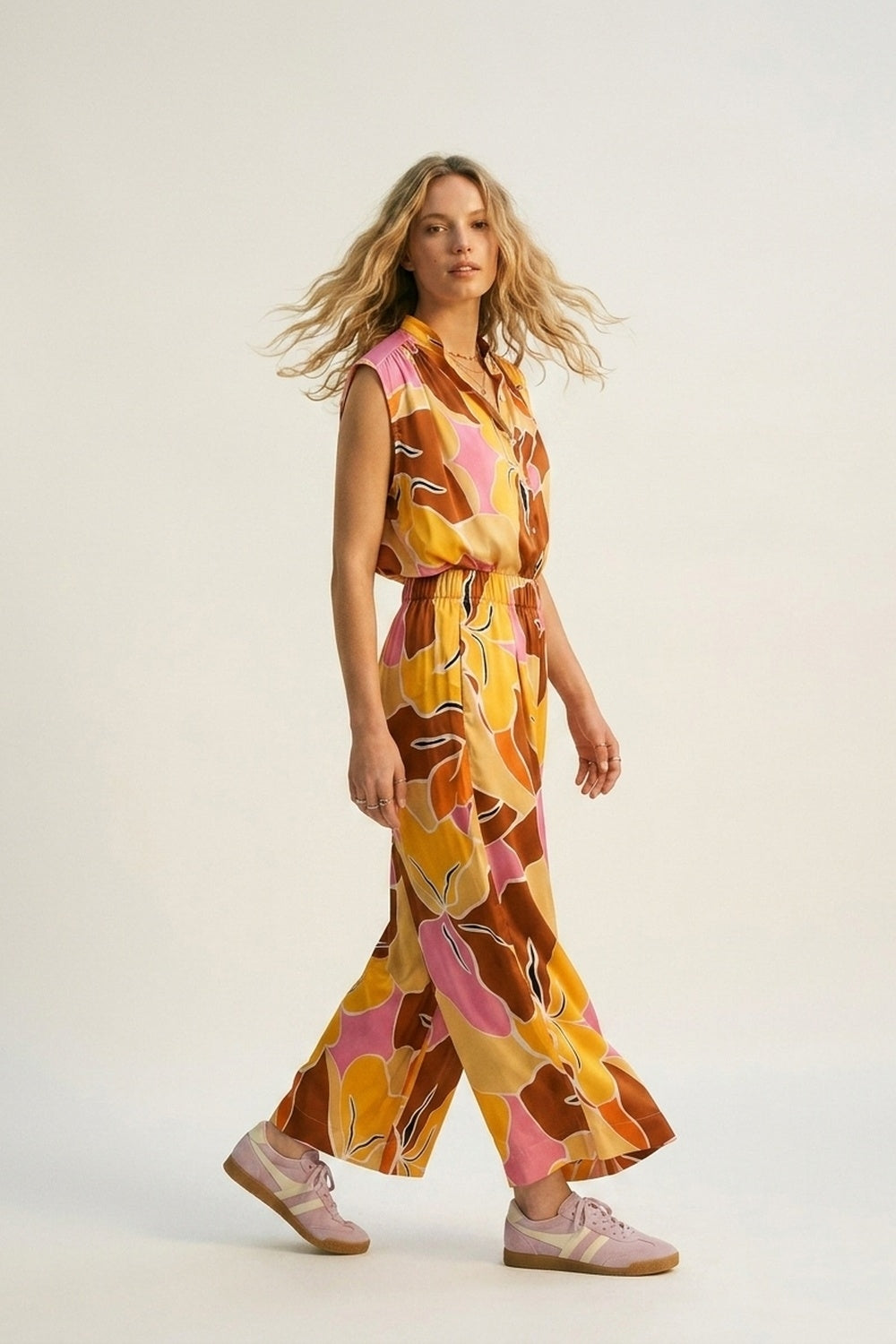 Tropical Print Wide Leg Pants in Warm orange tones
