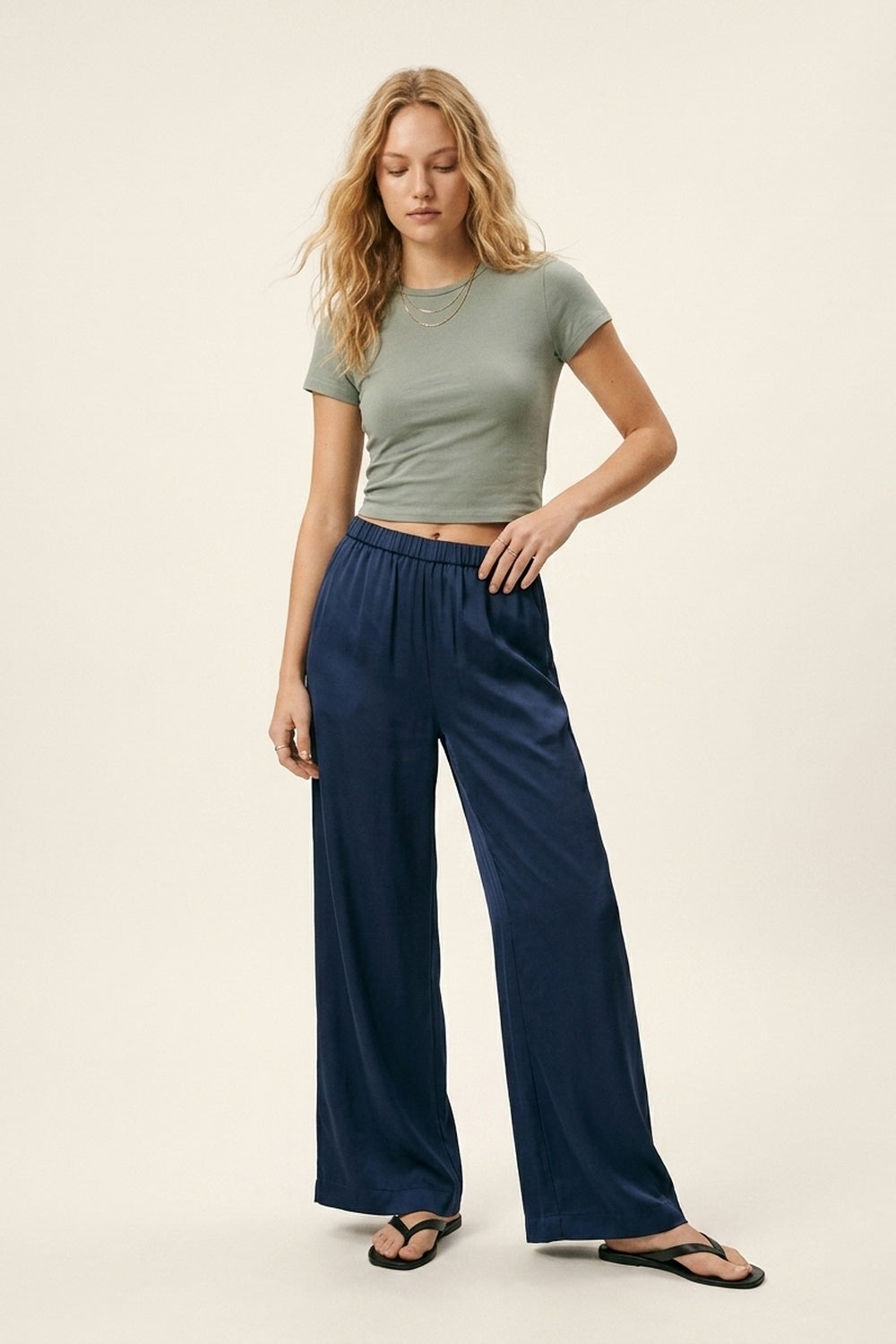 Navy Lightweight Satin Wide Leg Elastic Waist Pants