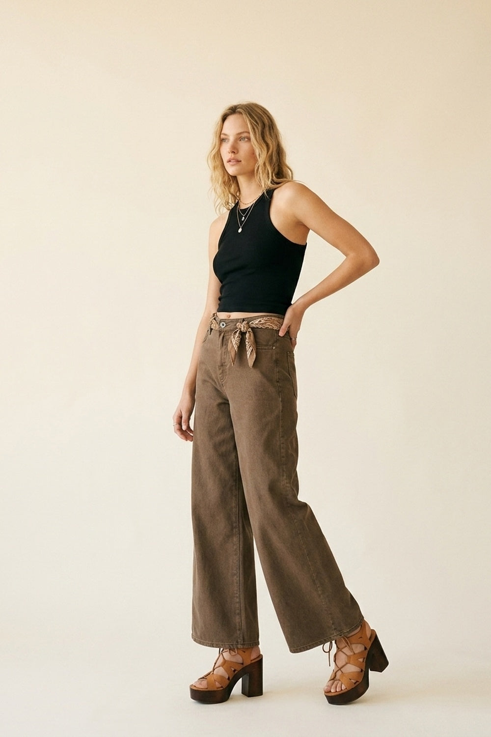 Brown Wide-Leg Casual Cotton Denim Pants