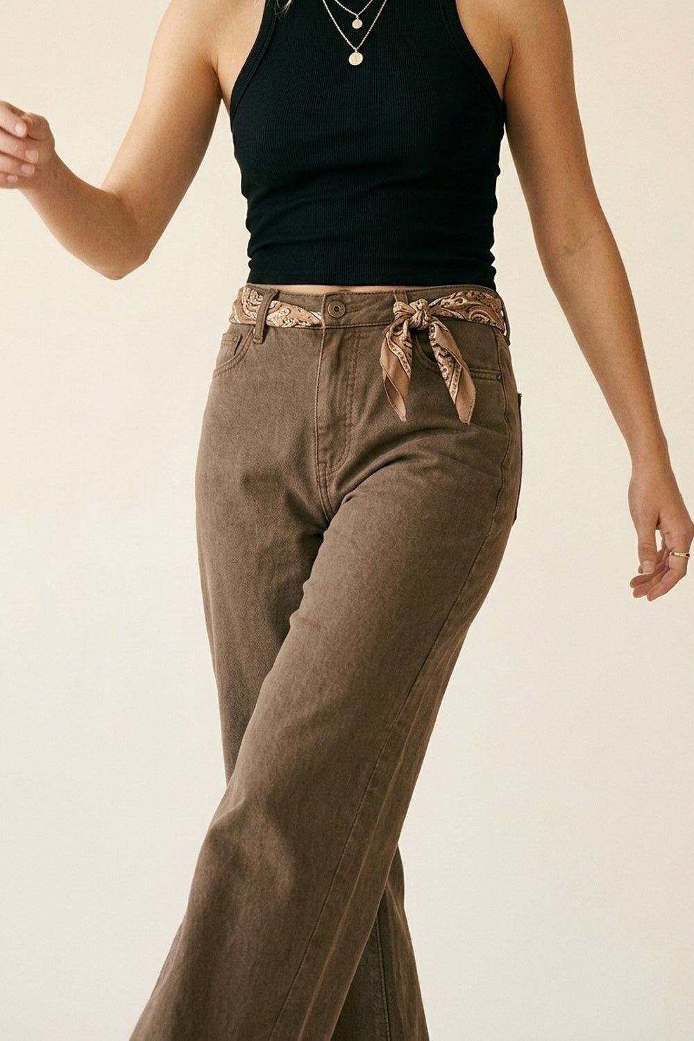 Brown Wide-Leg Casual Cotton Denim Pants