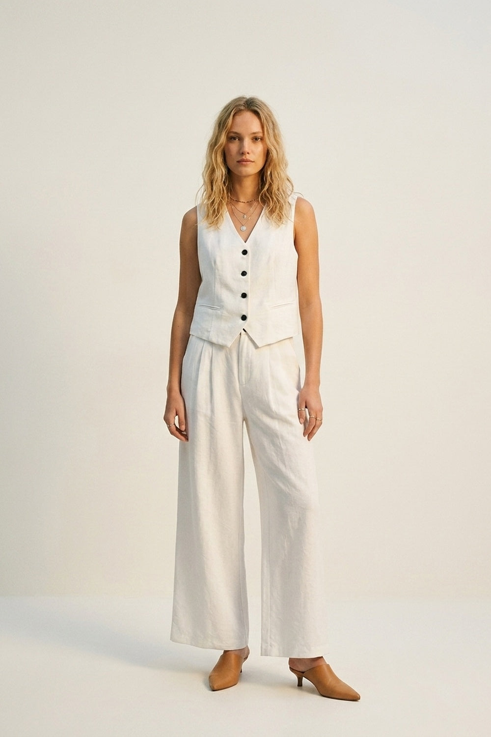 White Wide-Leg Front Pleat Summery Pants
