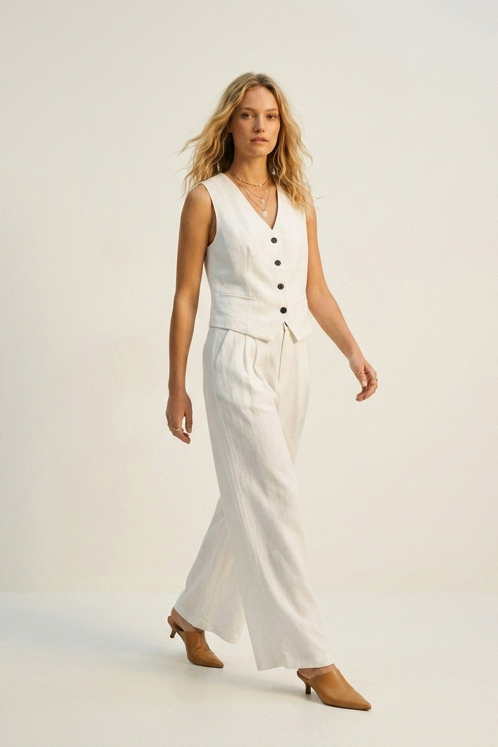 White Wide-Leg Front Pleat Summery Pants