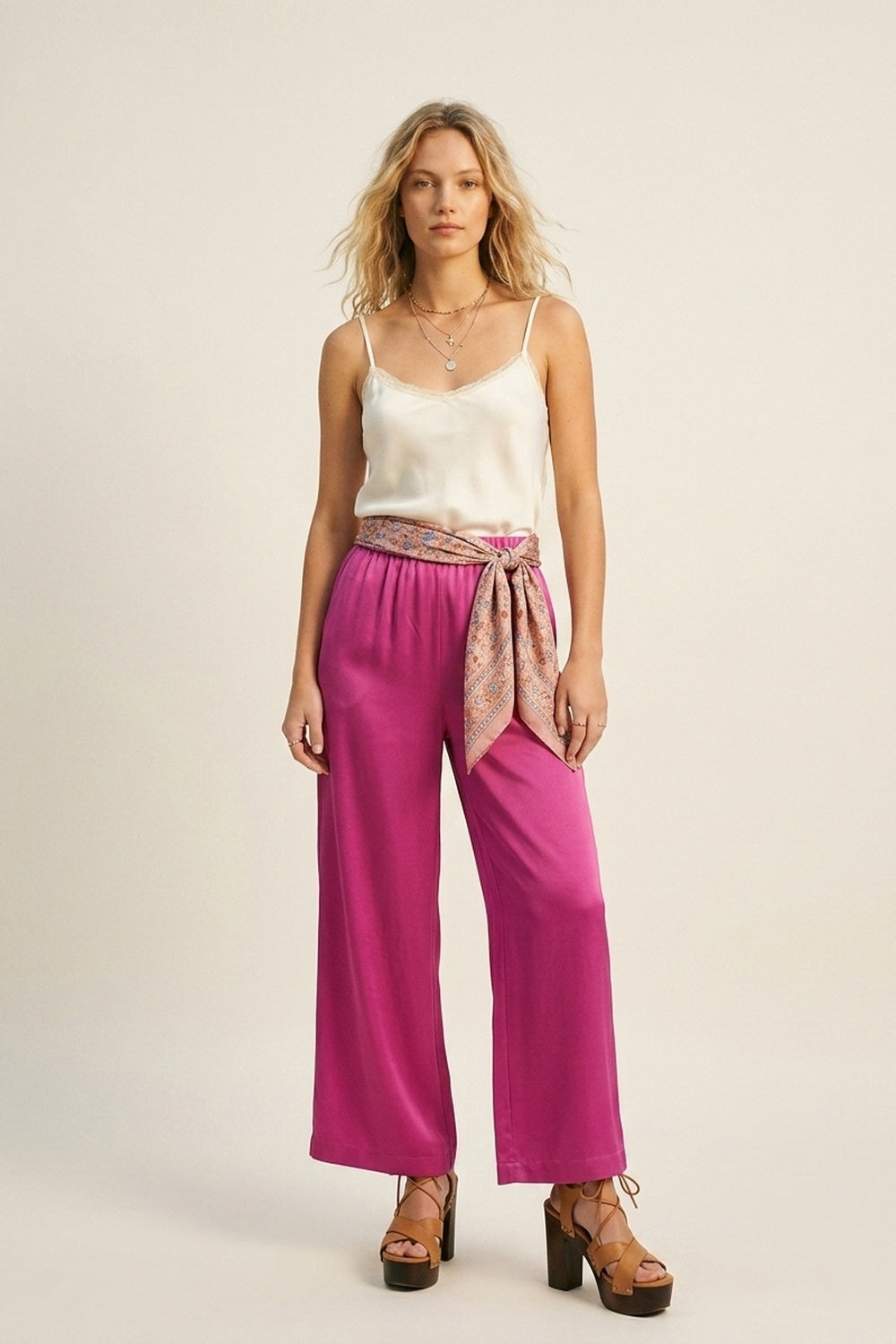 Fuchsia Lightweight Satin Wide Leg Elastic Waist Pants