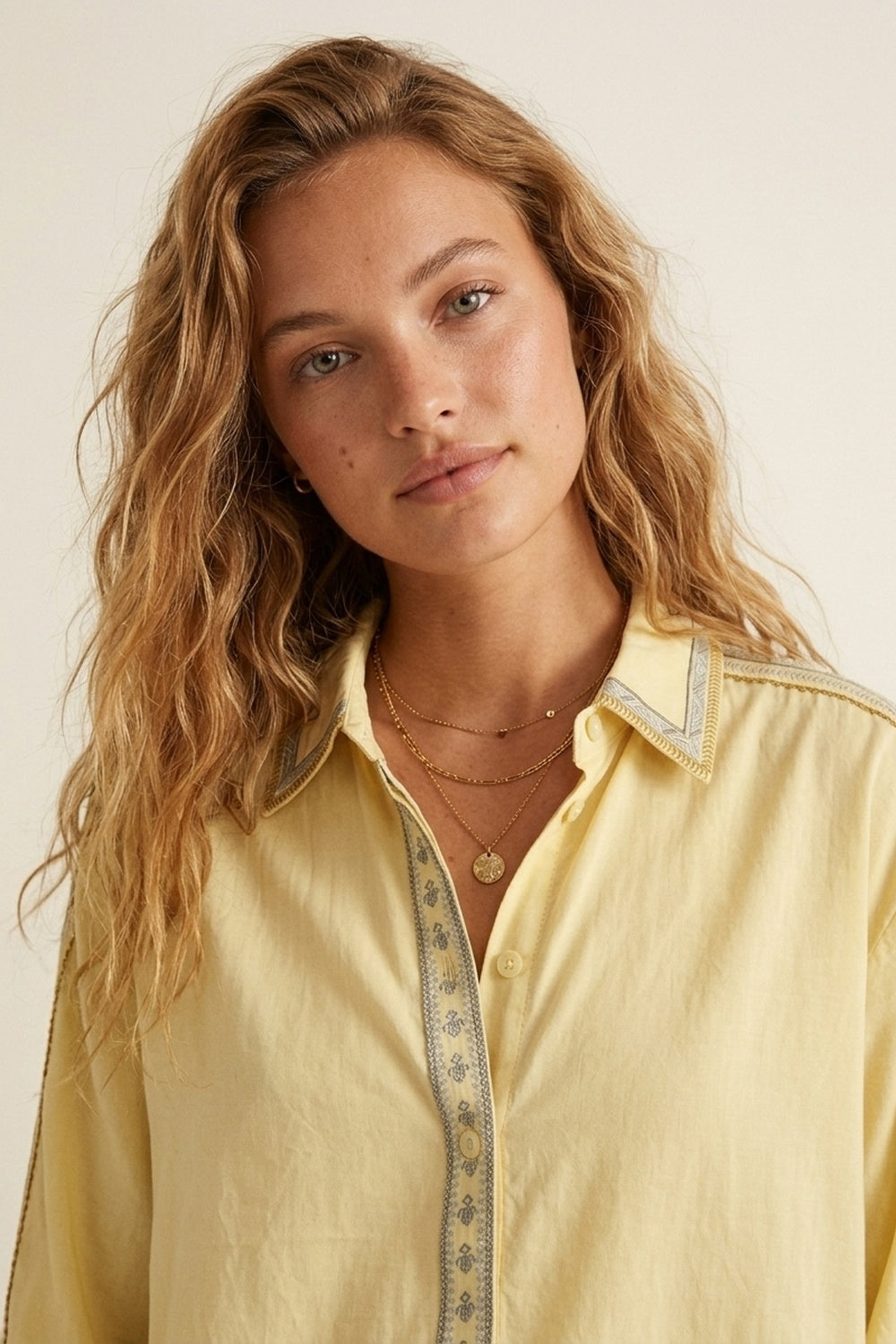 Yellow Oversize Shirt with Embroidered Trim Details