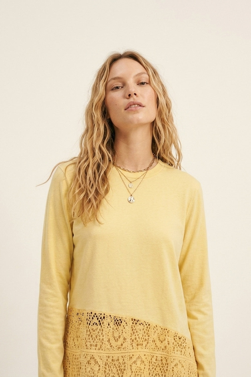 top with crochet Insert and Asymmetrical Hem in Yellow