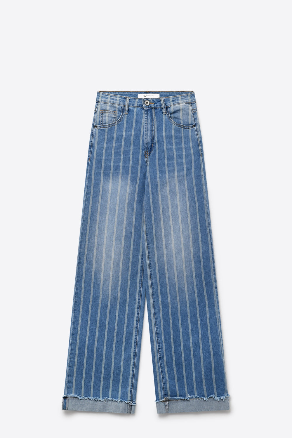medium wash Blue Jeans with Stripe Design and Frayed Wide Leg
