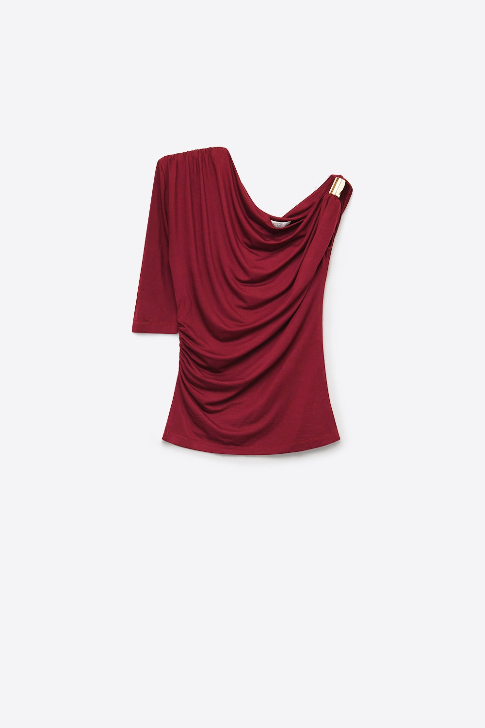 Burgundy Stretch Jersey Metal Accent Draped One-Shoulder Top