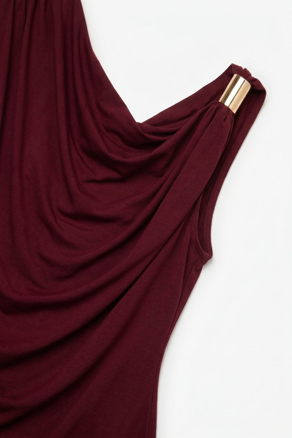 Burgundy Stretch Jersey Metal Accent Draped One-Shoulder Top