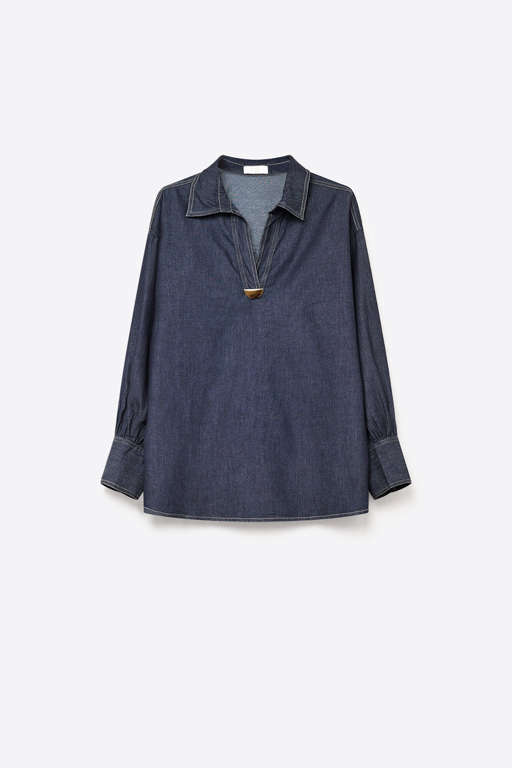 Gold Trim V-Neck Shirt in lightweight denim fabric