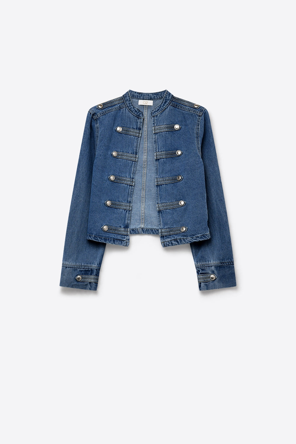 Denim Blue Rigid Non-Stretch Military Button Cropped Jacket