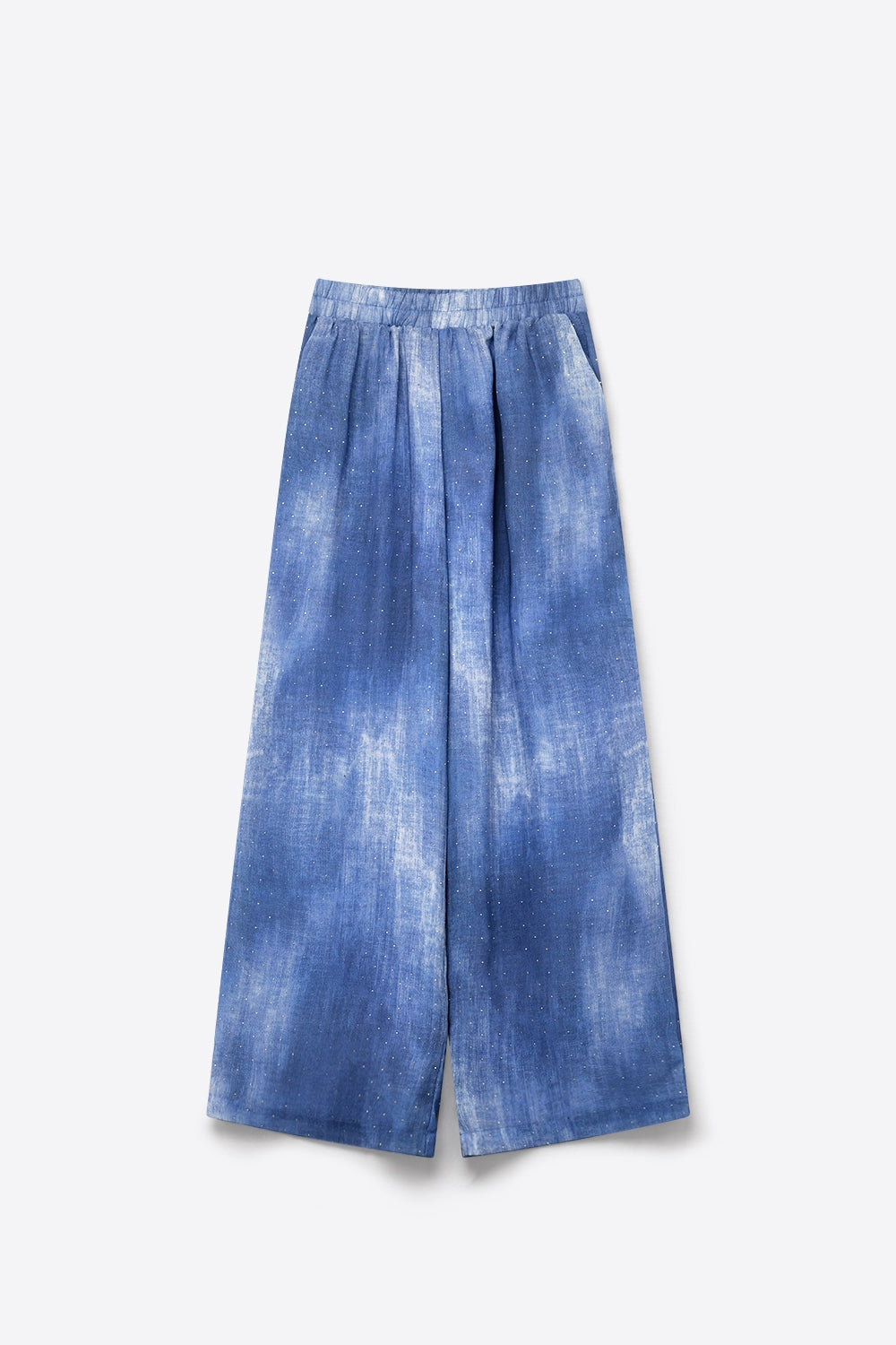 Blue Tie-Dye chiffon Elastic Waist Pants with embellished strass