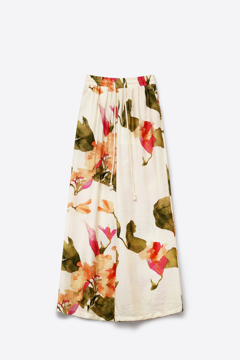 Cream Floral Print wide leg Pants with Elastic Waist