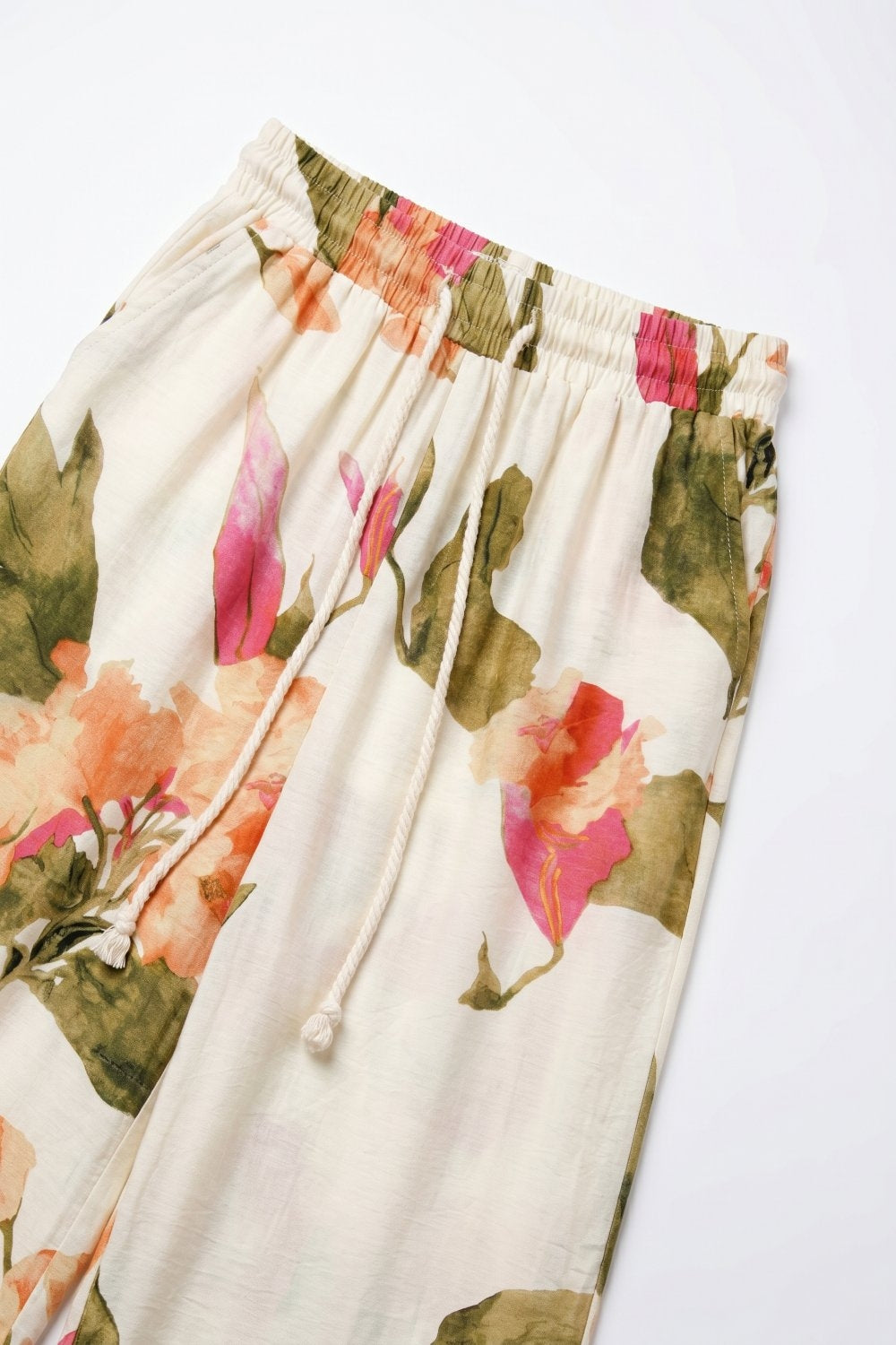 Cream Floral Print wide leg Pants with Elastic Waist