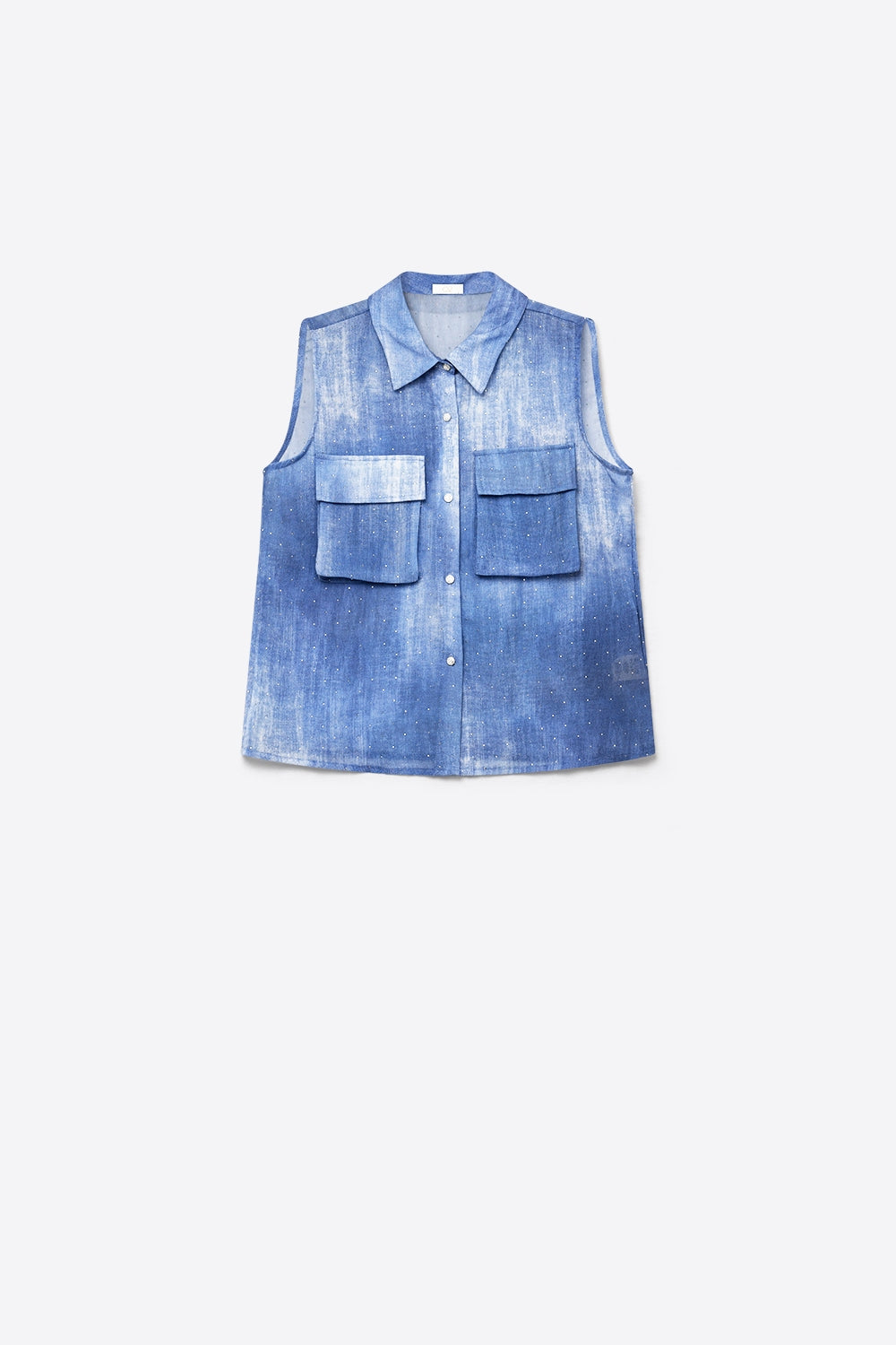 Blue Tie-Dye Sleeveless Shirt with embellished Rhinestone